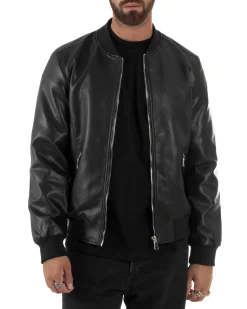Giubbotto Uomo College Ecopelle Vintage Biker Basic Imbottito Nero G3337A