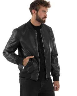 Giubbotto Uomo College Ecopelle Vintage Biker Basic Imbottito Nero G3337A