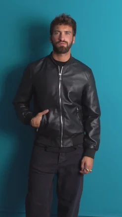 Giubbotto Uomo College Ecopelle Vintage Biker Basic Imbottito Nero G3337A