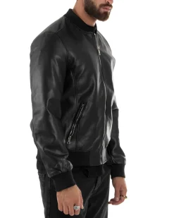 Giubbotto Uomo College Ecopelle Vintage Biker Basic Imbottito Nero G3337A