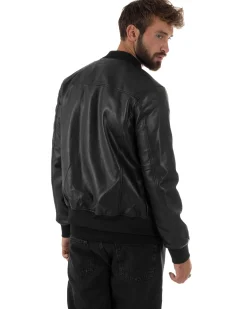 Giubbotto Uomo College Ecopelle Vintage Biker Basic Imbottito Nero G3337A