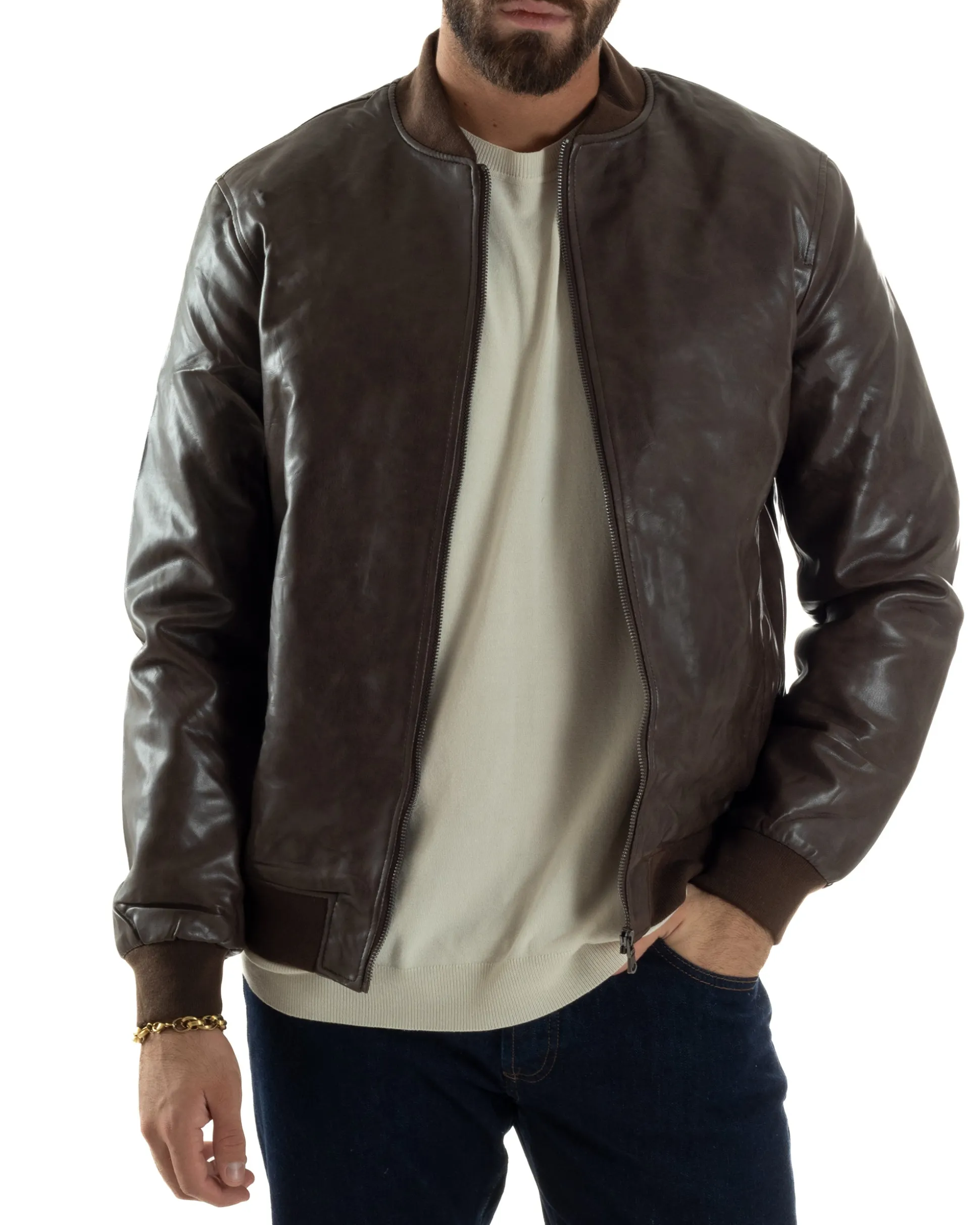 Giubbotto Uomo College Ecopelle Vintage Biker Basic Imbottito Marrone G3364A