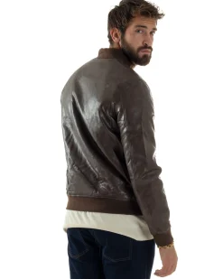 Giubbotto Uomo College Ecopelle Vintage Biker Basic Imbottito Marrone G3364A