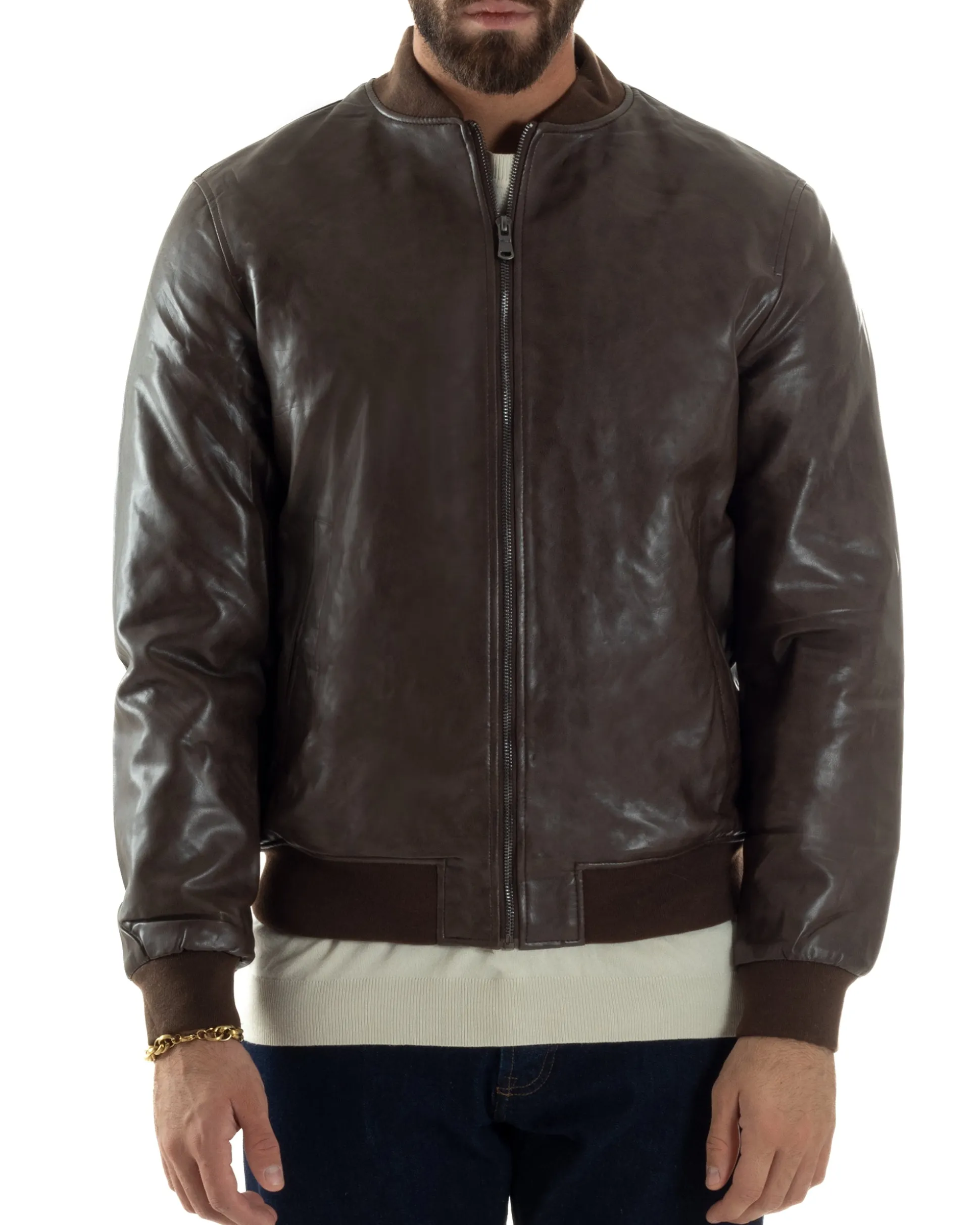 Giubbotto Uomo College Ecopelle Vintage Biker Basic Imbottito Marrone G3364A