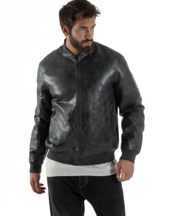 Giubbotto Uomo College Ecopelle Vintage Biker Basic Imbottito Grigio G3365A
