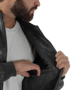 Giubbotto Uomo College Ecopelle Vintage Biker Basic Imbottito Grigio G3365A