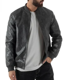 Giubbotto Uomo College Ecopelle Vintage Biker Basic Imbottito Grigio G3365A