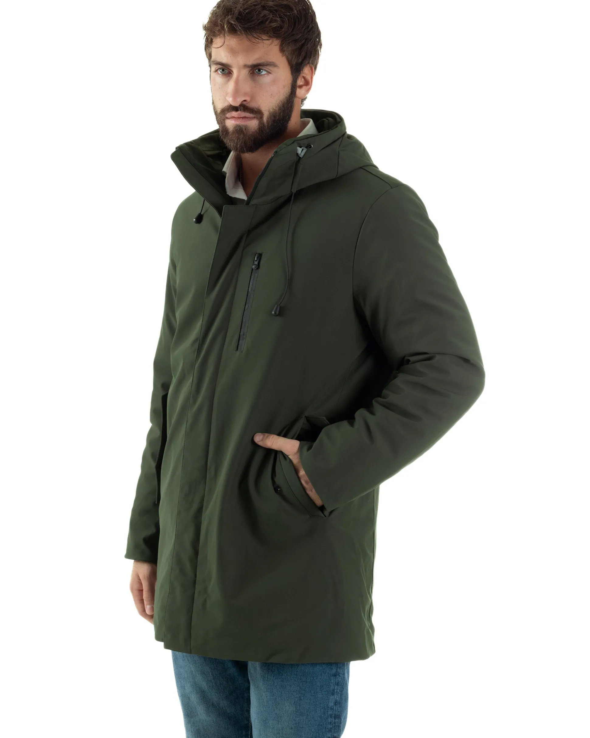 Giubbotto Uomo Con Cappuccio Trench Tessuto Tecnico Giaccone Con Zip Imbottito Lungo Verde G3368A