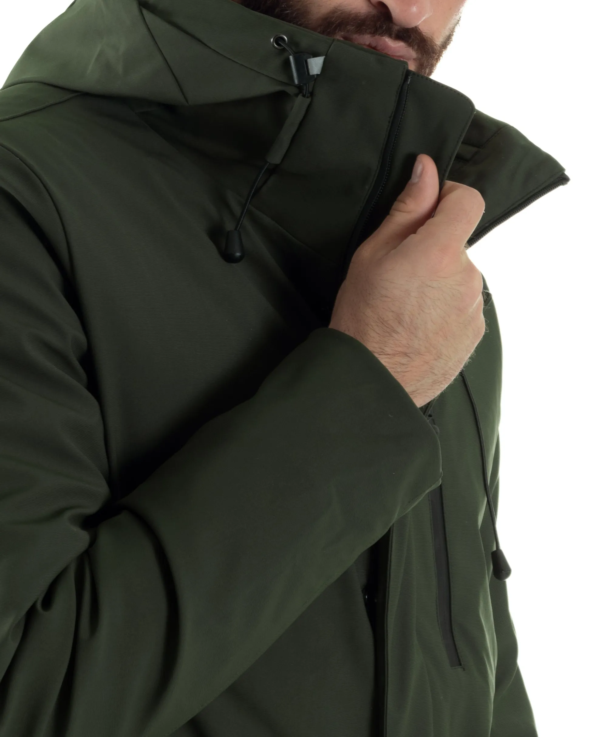 Giubbotto Uomo Con Cappuccio Trench Tessuto Tecnico Giaccone Con Zip Imbottito Lungo Verde G3368A