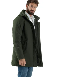 Giubbotto Uomo Con Cappuccio Trench Tessuto Tecnico Giaccone Con Zip Imbottito Lungo Verde G3368A