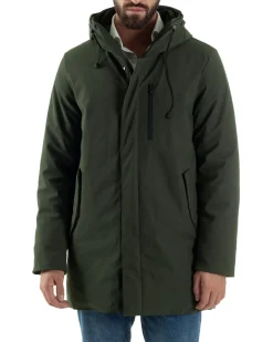 Giubbotto Uomo Con Cappuccio Trench Tessuto Tecnico Giaccone Con Zip Imbottito Lungo Verde G3368A