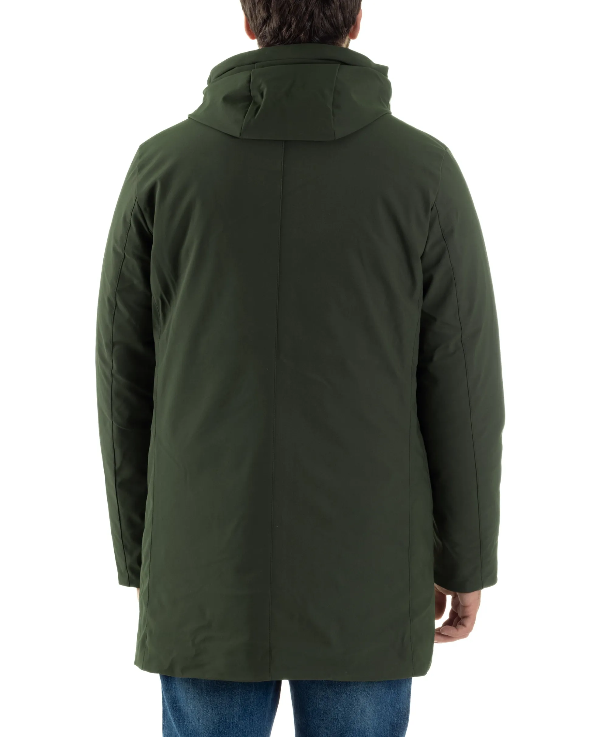 Giubbotto Uomo Con Cappuccio Trench Tessuto Tecnico Giaccone Con Zip Imbottito Lungo Verde G3368A