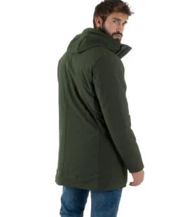 Giubbotto Uomo Con Cappuccio Trench Tessuto Tecnico Giaccone Con Zip Imbottito Lungo Verde G3368A