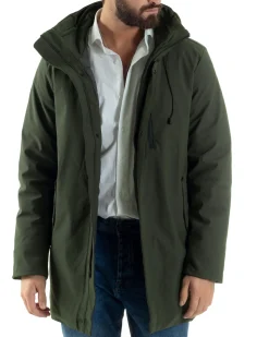 Giubbotto Uomo Con Cappuccio Trench Tessuto Tecnico Giaccone Con Zip Imbottito Lungo Verde G3368A