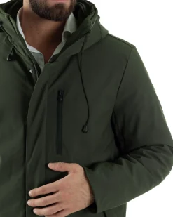 Giubbotto Uomo Con Cappuccio Trench Tessuto Tecnico Giaccone Con Zip Imbottito Lungo Verde G3368A