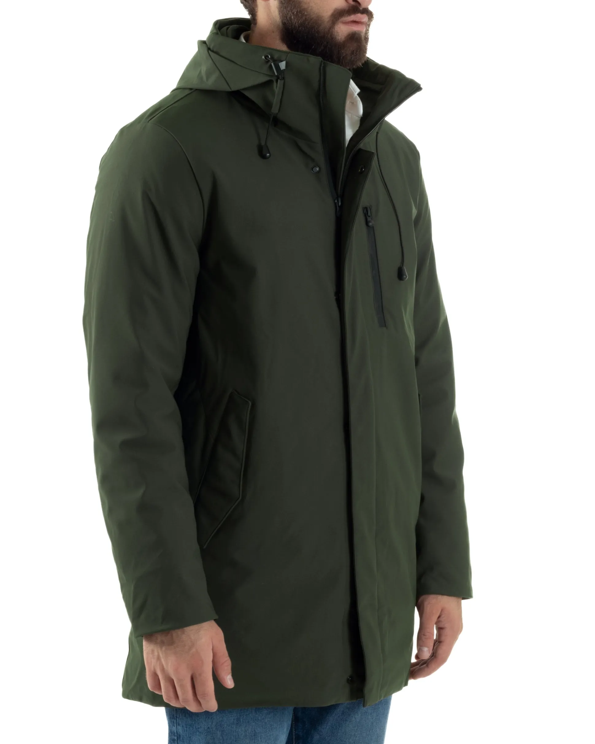 Giubbotto Uomo Con Cappuccio Trench Tessuto Tecnico Giaccone Con Zip Imbottito Lungo Verde G3368A