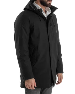 Giubbotto Uomo Con Cappuccio Trench Tessuto Tecnico Giaccone Con Zip Imbottito Lungo Nero G3369A