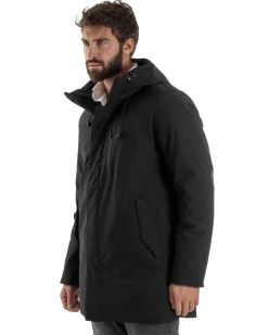 Giubbotto Uomo Con Cappuccio Trench Tessuto Tecnico Giaccone Con Zip Imbottito Lungo Nero G3369A