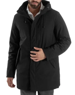 Giubbotto Uomo Con Cappuccio Trench Tessuto Tecnico Giaccone Con Zip Imbottito Lungo Nero G3369A