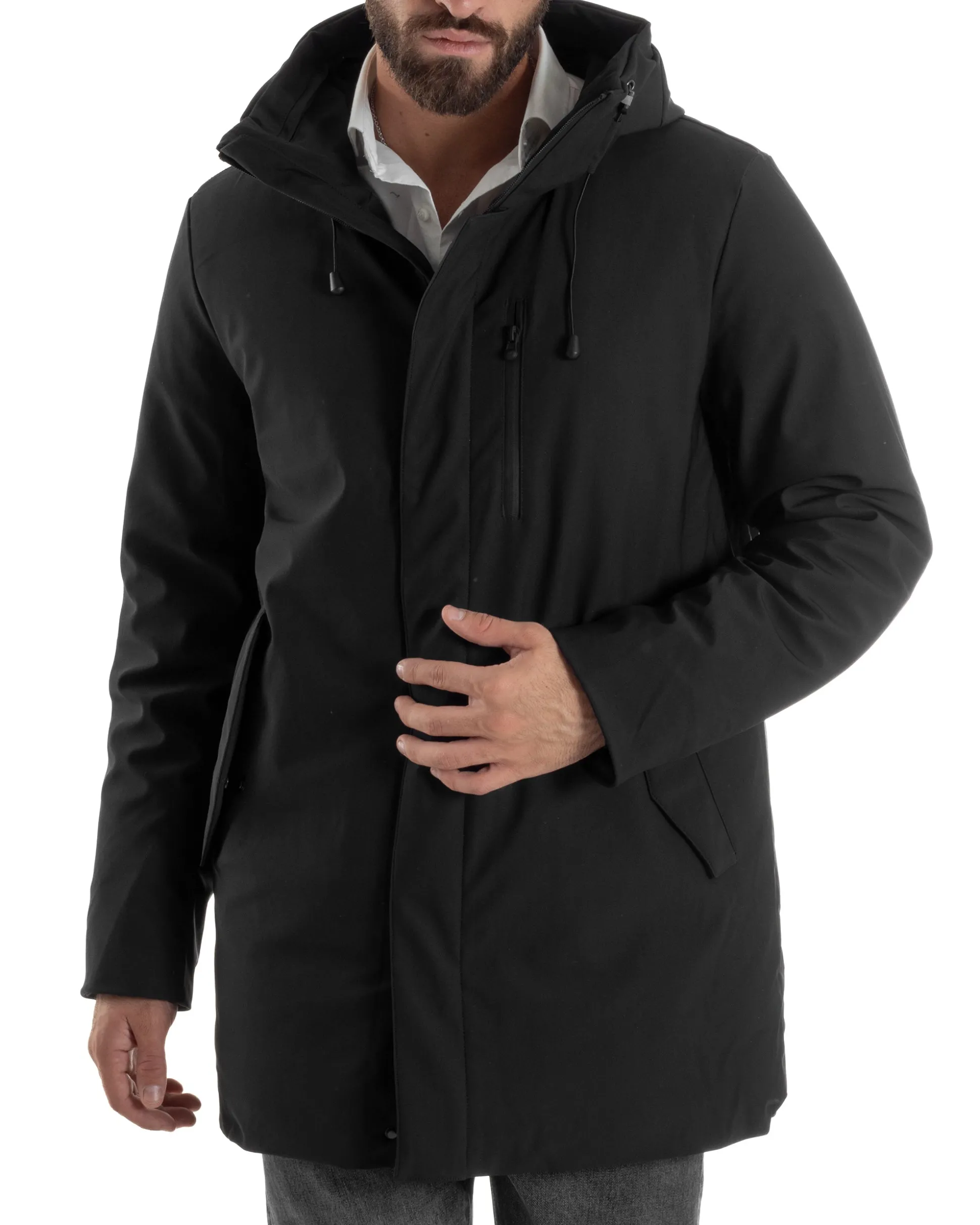 Giubbotto Uomo Con Cappuccio Trench Tessuto Tecnico Giaccone Con Zip Imbottito Lungo Nero G3369A