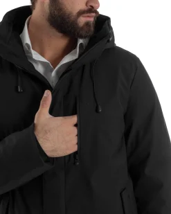 Giubbotto Uomo Con Cappuccio Trench Tessuto Tecnico Giaccone Con Zip Imbottito Lungo Nero G3369A