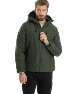Giubbotto Uomo Con Cappuccio Tessuto Tecnico Giacca Imbottita Calda Tinta Unita Casual Verde Melangiato GIOSAL-G3276A