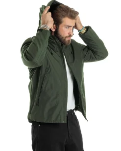 Giubbotto Uomo Con Cappuccio Tessuto Tecnico Giacca Imbottita Calda Tinta Unita Casual Verde Melangiato GIOSAL-G3276A