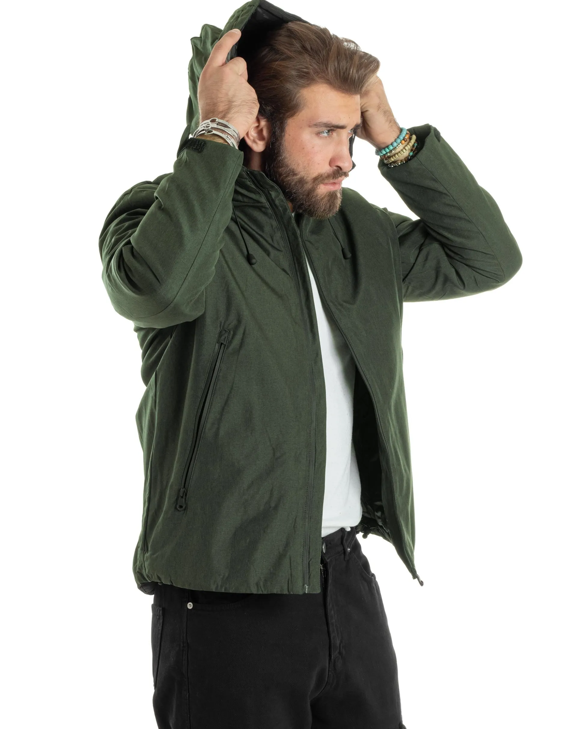 Giubbotto Uomo Con Cappuccio Tessuto Tecnico Giacca Imbottita Calda Tinta Unita Casual Verde Melangiato GIOSAL-G3276A