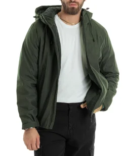 Giubbotto Uomo Con Cappuccio Tessuto Tecnico Giacca Imbottita Calda Tinta Unita Casual Verde Melangiato GIOSAL-G3276A
