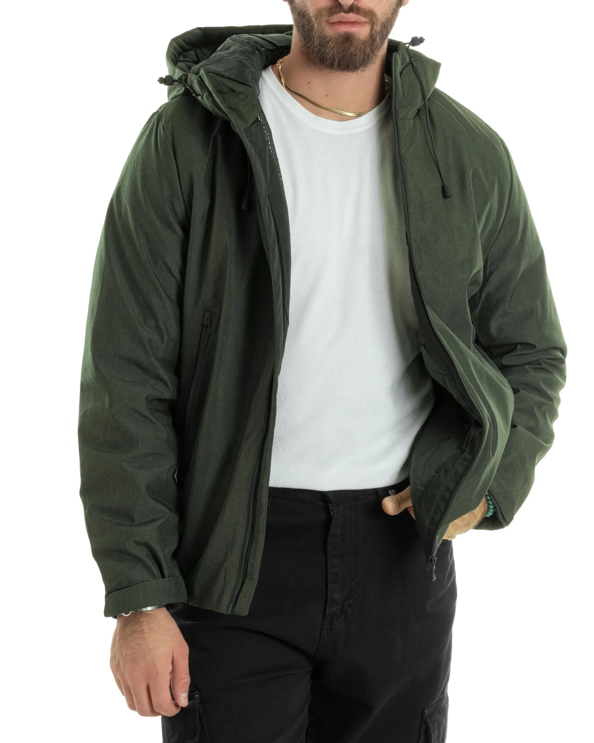 Giubbotto Uomo Con Cappuccio Tessuto Tecnico Giacca Imbottita Calda Tinta Unita Casual Verde Melangiato GIOSAL-G3276A