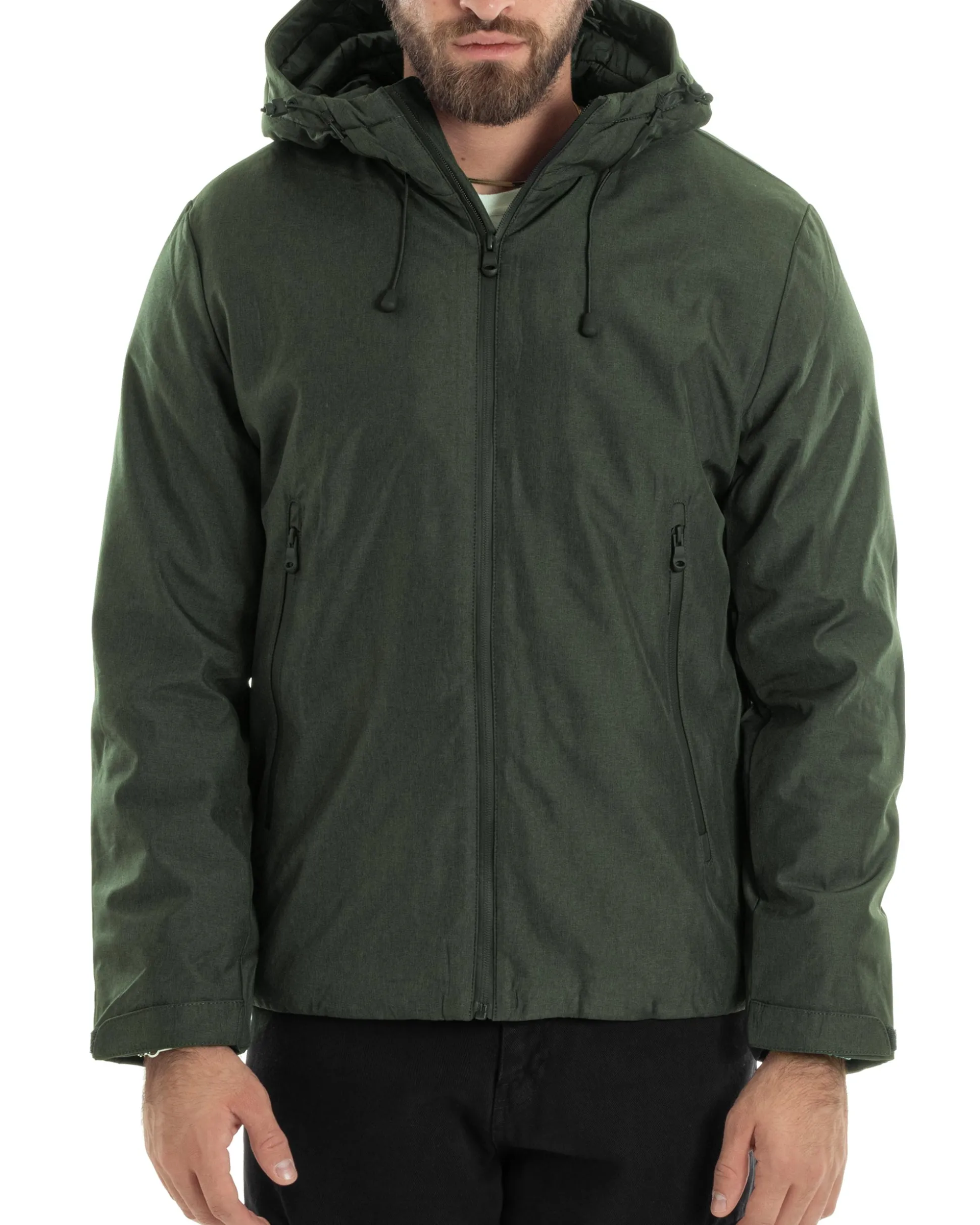 Giubbotto Uomo Con Cappuccio Tessuto Tecnico Giacca Imbottita Calda Tinta Unita Casual Verde Melangiato GIOSAL-G3276A