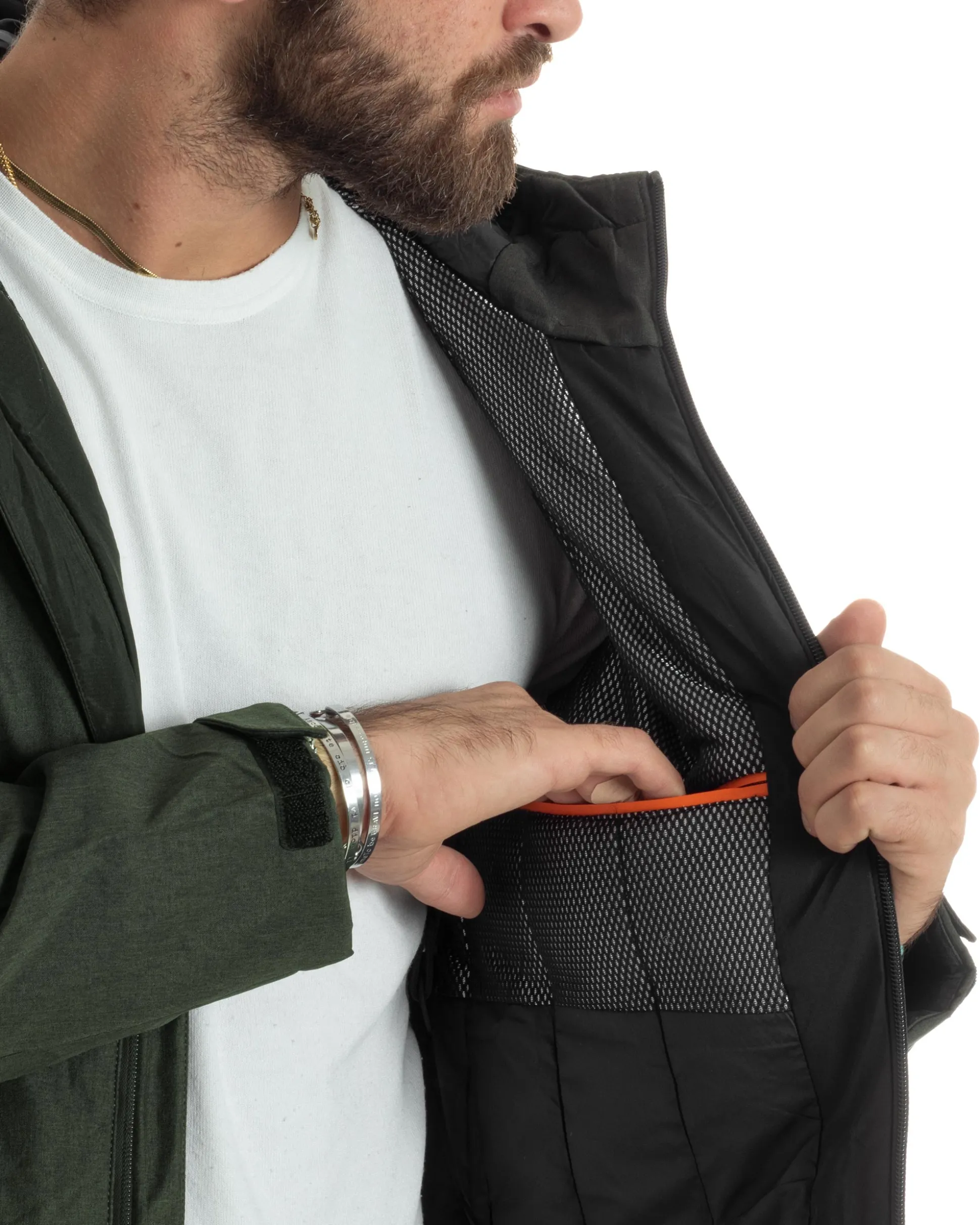 Giubbotto Uomo Con Cappuccio Tessuto Tecnico Giacca Imbottita Calda Tinta Unita Casual Verde Melangiato GIOSAL-G3276A