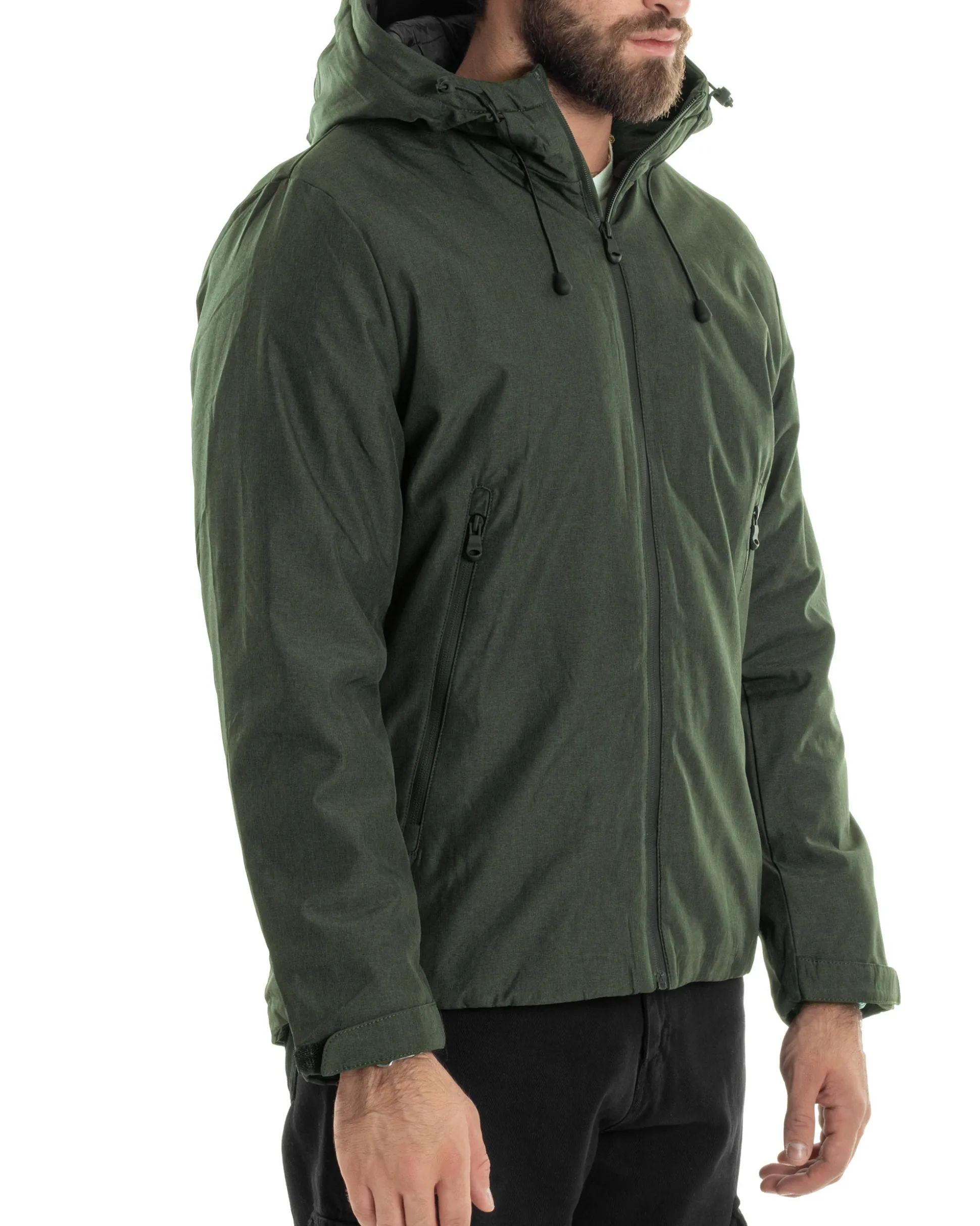 Giubbotto Uomo Con Cappuccio Tessuto Tecnico Giacca Imbottita Calda Tinta Unita Casual Verde Melangiato GIOSAL-G3276A