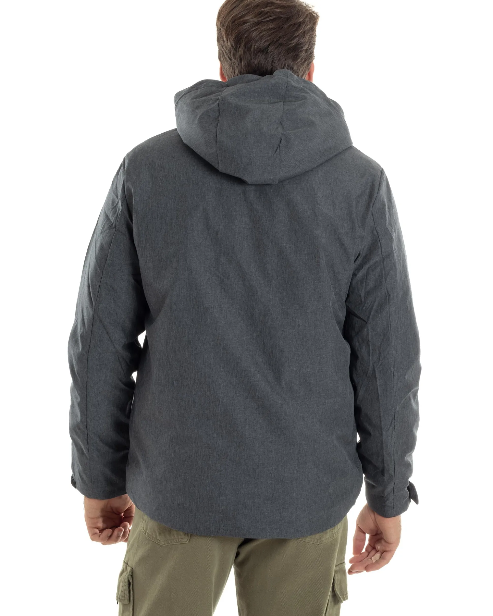 Giubbotto Uomo Con Cappuccio Tessuto Tecnico Giacca Imbottita Calda Tinta Unita Casual Nero Melangiato GIOSAL-G3277A