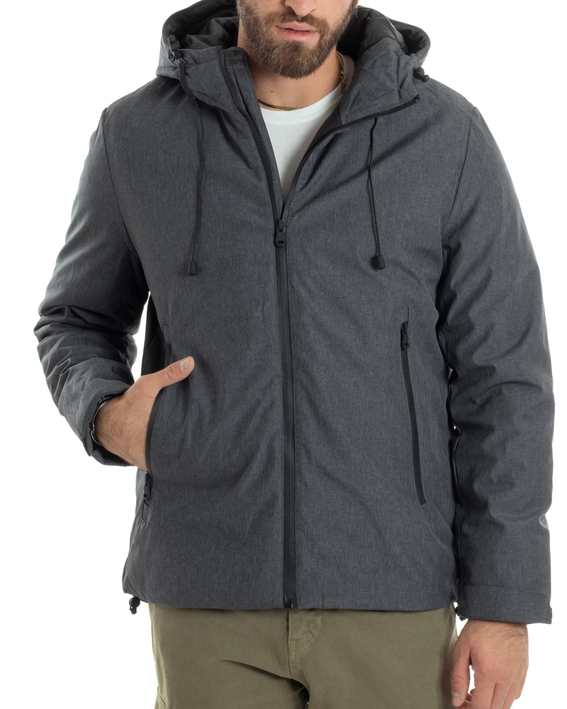 Giubbotto Uomo Con Cappuccio Tessuto Tecnico Giacca Imbottita Calda Tinta Unita Casual Nero Melangiato GIOSAL-G3277A