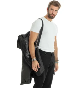 Giubbotto Uomo Con Cappuccio Tessuto Tecnico Giacca Imbottita Calda Tinta Unita Casual Nero Melangiato GIOSAL-G3277A