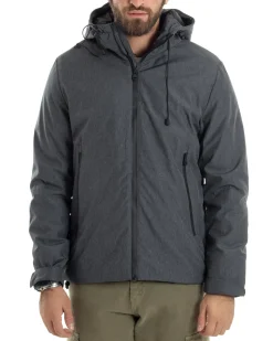 Giubbotto Uomo Con Cappuccio Tessuto Tecnico Giacca Imbottita Calda Tinta Unita Casual Nero Melangiato GIOSAL-G3277A