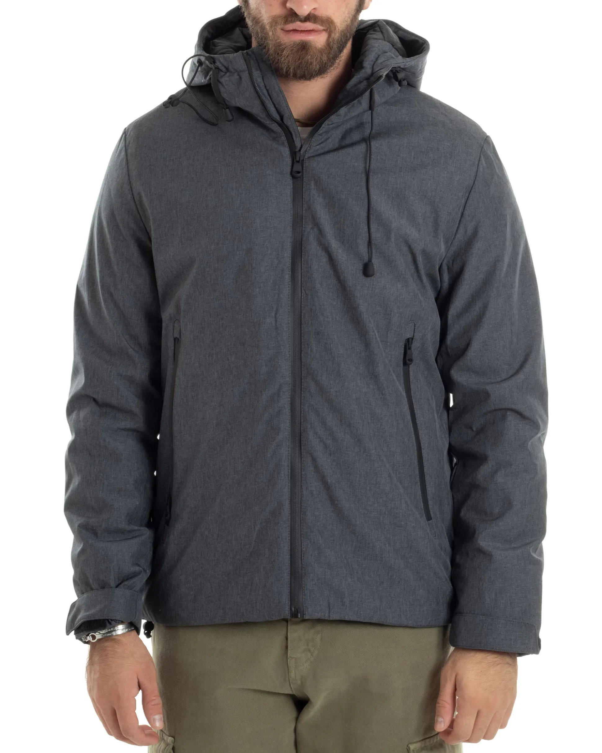 Giubbotto Uomo Con Cappuccio Tessuto Tecnico Giacca Imbottita Calda Tinta Unita Casual Nero Melangiato GIOSAL-G3277A