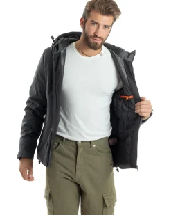 Giubbotto Uomo Con Cappuccio Tessuto Tecnico Giacca Imbottita Calda Tinta Unita Casual Nero Melangiato GIOSAL-G3277A