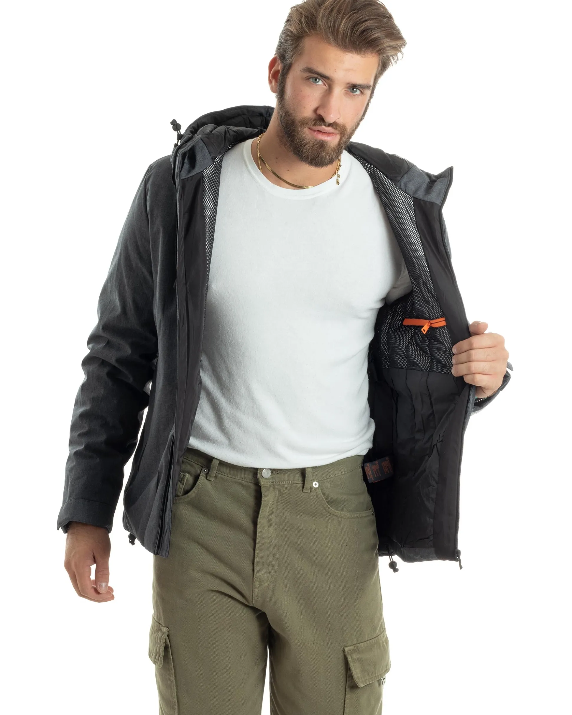 Giubbotto Uomo Con Cappuccio Tessuto Tecnico Giacca Imbottita Calda Tinta Unita Casual Nero Melangiato GIOSAL-G3277A