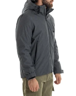 Giubbotto Uomo Con Cappuccio Tessuto Tecnico Giacca Imbottita Calda Tinta Unita Casual Nero Melangiato GIOSAL-G3277A