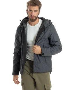 Giubbotto Uomo Con Cappuccio Tessuto Tecnico Giacca Imbottita Calda Tinta Unita Casual Nero Melangiato GIOSAL-G3277A
