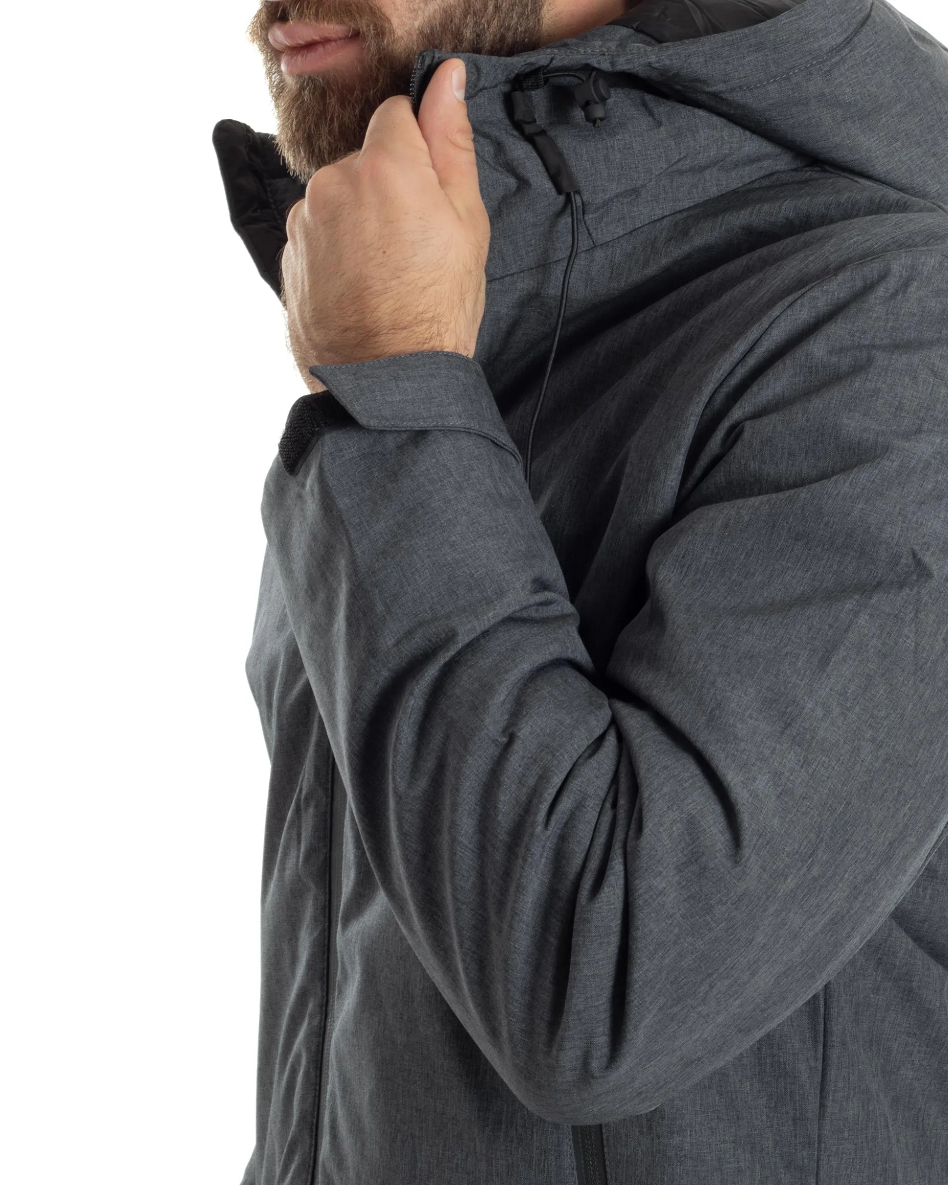 Giubbotto Uomo Con Cappuccio Tessuto Tecnico Giacca Imbottita Calda Tinta Unita Casual Nero Melangiato GIOSAL-G3277A