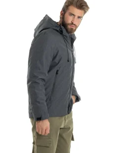 Giubbotto Uomo Con Cappuccio Tessuto Tecnico Giacca Imbottita Calda Tinta Unita Casual Nero Melangiato GIOSAL-G3277A