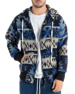 Giubbotto Uomo Con Cappuccio Felpa Con Zip Casual Fantasia Etnica Blu GIOSAL-G3140A