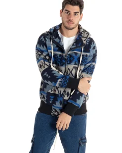 Giubbotto Uomo Con Cappuccio Felpa Con Zip Casual Fantasia Etnica Blu GIOSAL-G3140A