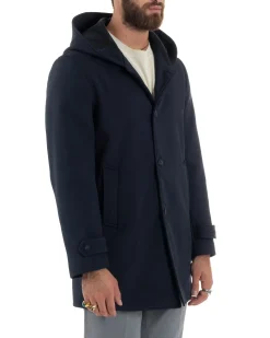 Giubbotto Uomo Con Cappuccio Trench Tessuto Tecnico Impermeabile Lungo Antivento Blu G3235A