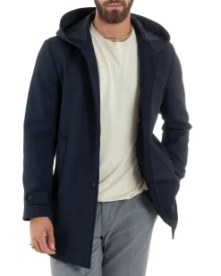 Giubbotto Uomo Con Cappuccio Trench Tessuto Tecnico Impermeabile Lungo Antivento Blu G3235A