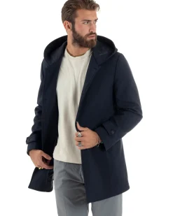 Giubbotto Uomo Con Cappuccio Trench Tessuto Tecnico Impermeabile Lungo Antivento Blu G3235A