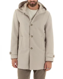 Giubbotto Uomo Con Cappuccio Trench Tessuto Tecnico Impermeabile Lungo Antivento Beige G3236A